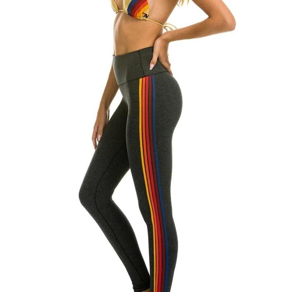 Aviator Nation 5 Stripe Rainbow Women's Leggings Charcoal Gray High Rise Size S